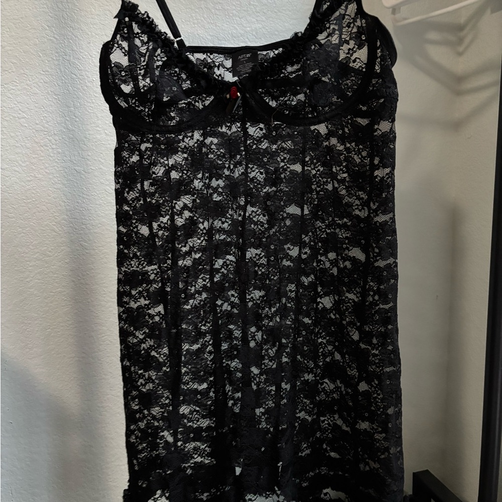 Apt. 9 Black Sheer Lace Chemise with Bow Detail